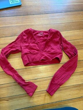 Garage Ribbed Deep V Long-Sleeve Crop Top in Berry